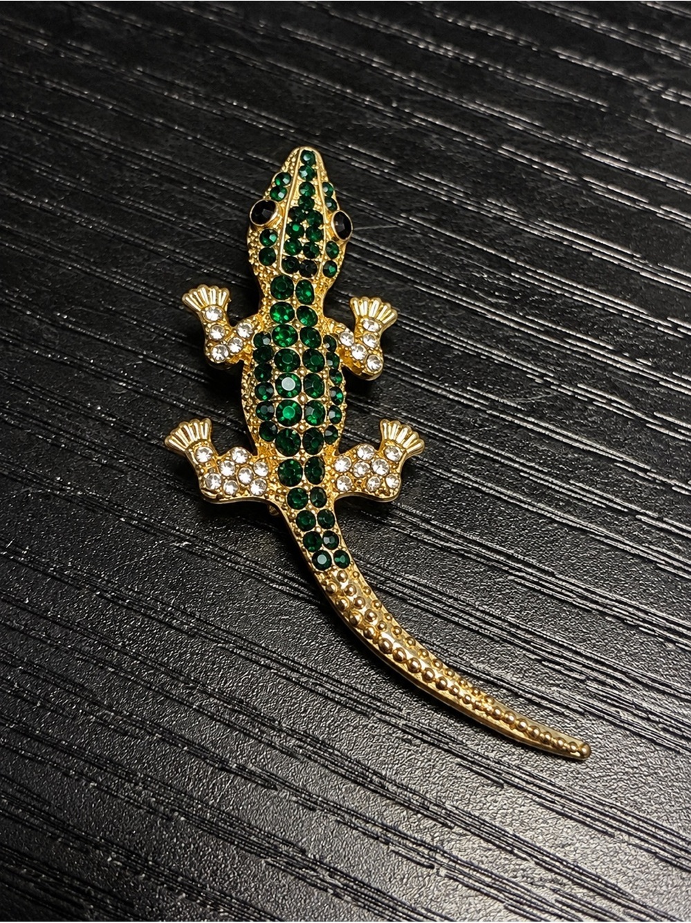 Gold Tone Crocodile Alligator Brooch Pin Green Rhinestone Crystal Animal Jewelry